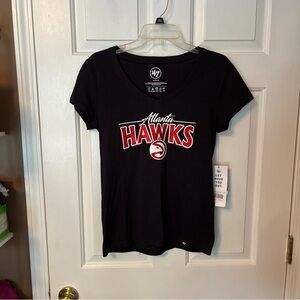 NWT Women '47 NBA Atlanta Hawks Logo Black V-Neck T-shirt Glitter S Short Sleeve